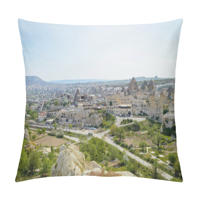 Personality  Aerial View Of Cityscape And Stone Formations Under Cloudy Blue Sky, Cappadocia, Turkey Pillow Covers