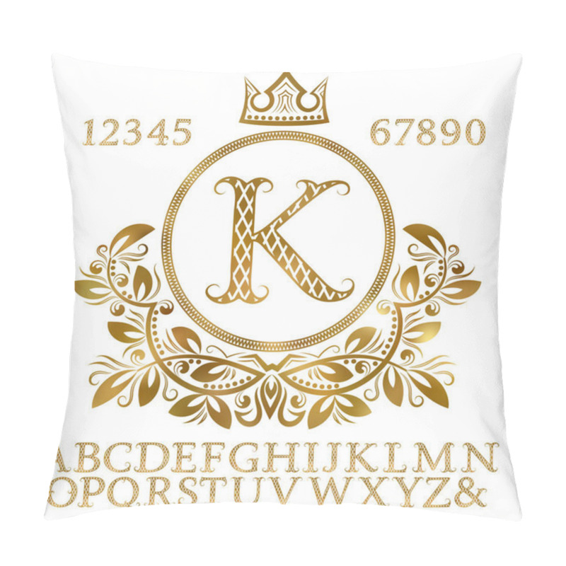 Personality  Golden Patterned Letters And Numbers With Initial Monogram In Coat Of Arms Form. Shining Font And Elements Kit For Logo Design. Pillow Covers