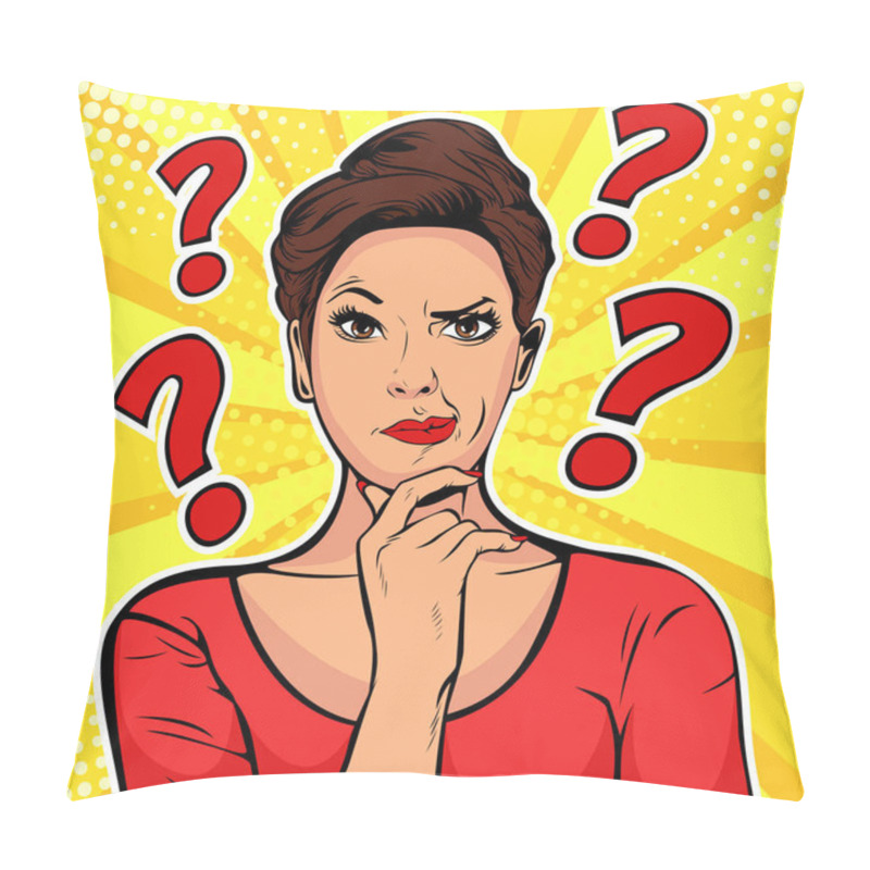 Personality  Woman Skeptical Facial Expressions Face With Question Marks Upon Hear Head. Pop Art Retro Vector Illustration In Comic Style Pillow Covers