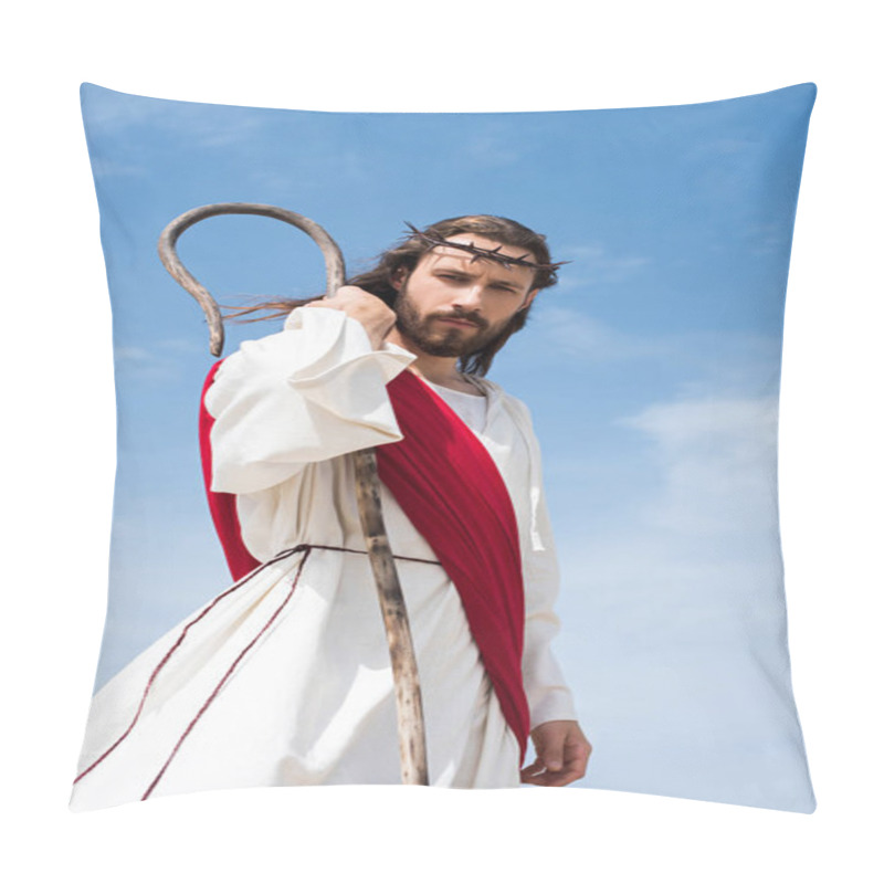 Personality  Low Angle View Of Jesus In Robe, Red Sash And Crown Of Thorns Standing With Wooden Staff In Desert And Looking At Camera Pillow Covers