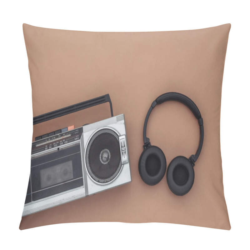 Personality  Boombox Audio Tape Recorder, Stereo Headphones On Brown Background. Retro 80s. Top View. Flat Lay Pillow Covers