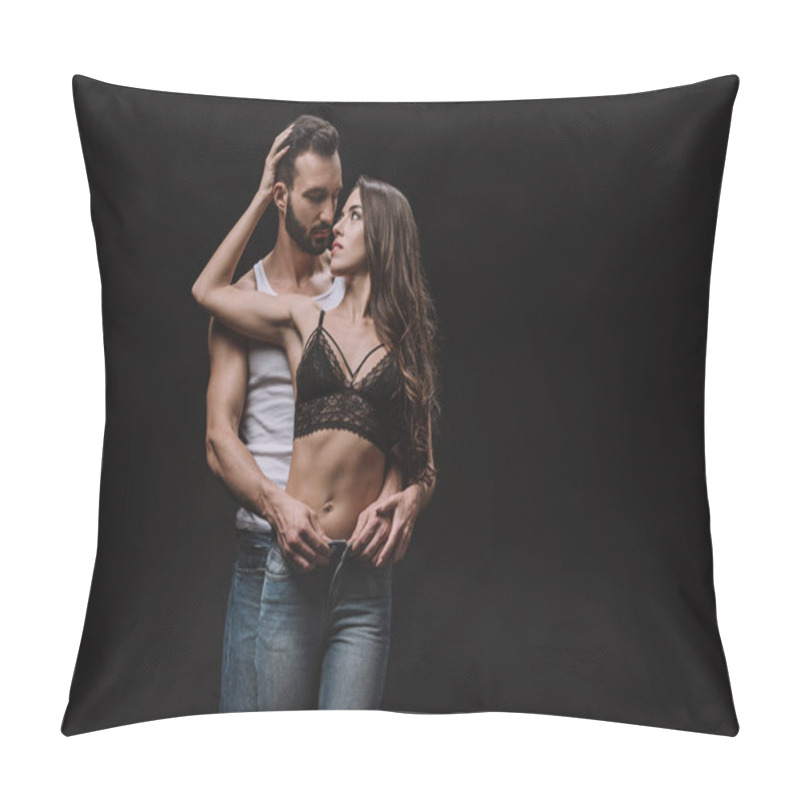 Personality  Sexy Man Hugging Girl In Lace Bra Isolated On Black Pillow Covers