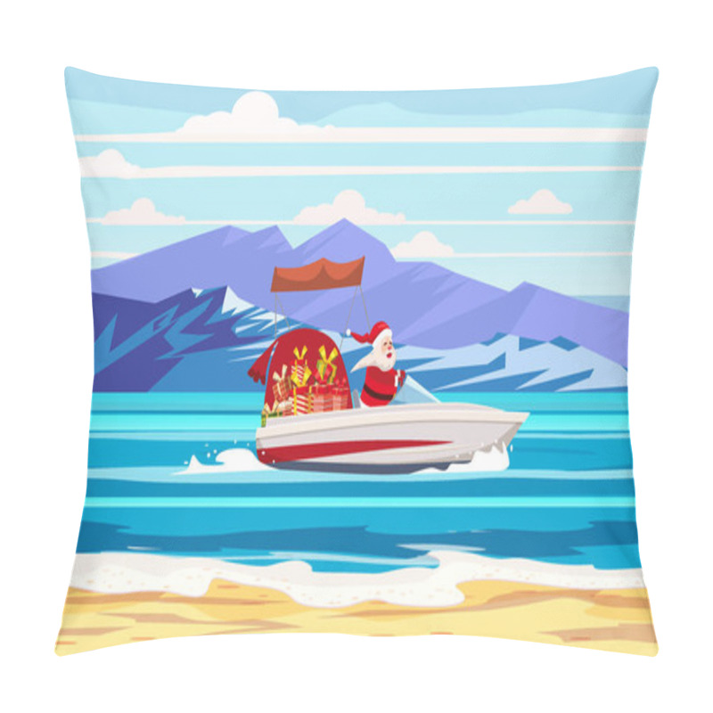 Personality  Merry Christmas Santa Claus On Speed Boat On Ocean Sea Tropical Island Mountains Seaside. Vector Illustration Isolated Cartoon Style Pillow Covers