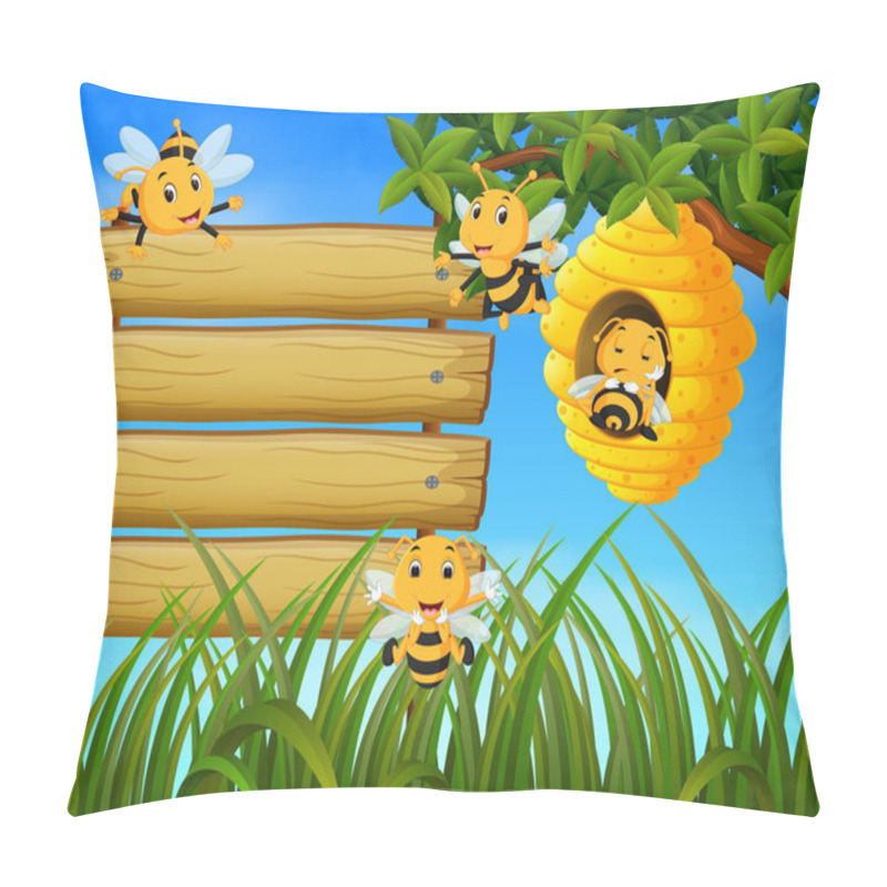 Personality  Scene With Bees Flying Around Beehive Illustration With Blank Wood Pillow Covers