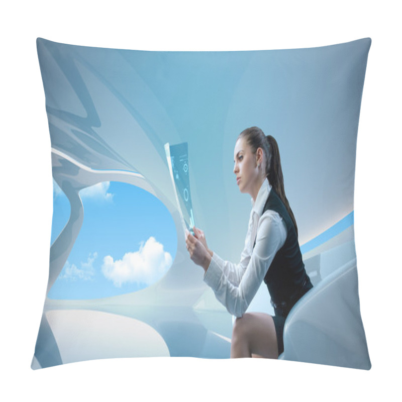 Personality  Sexy Businesswoman Examining Future Digital Report - Newspaper (outstanding Business In Interiors - Interfaces Series) Pillow Covers