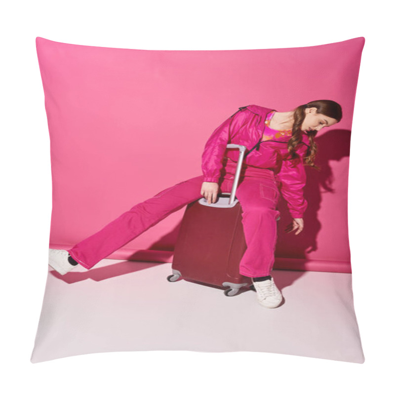 Personality  A Stylish Young Woman In Her 20s Sits Atop A Piece Of Luggage, Embodying Anticipation Of The Next Adventure In A Studio With A Pink Background. Pillow Covers