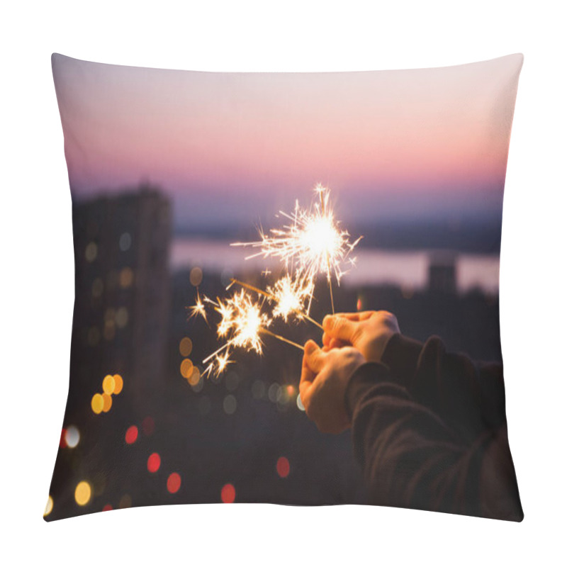 Personality  Hands With Sparkles Bengal Fire That Bokeh Cities Background. Standing In Home. Chelter In Place. End Of A Quarantine. Home Holiday Pillow Covers