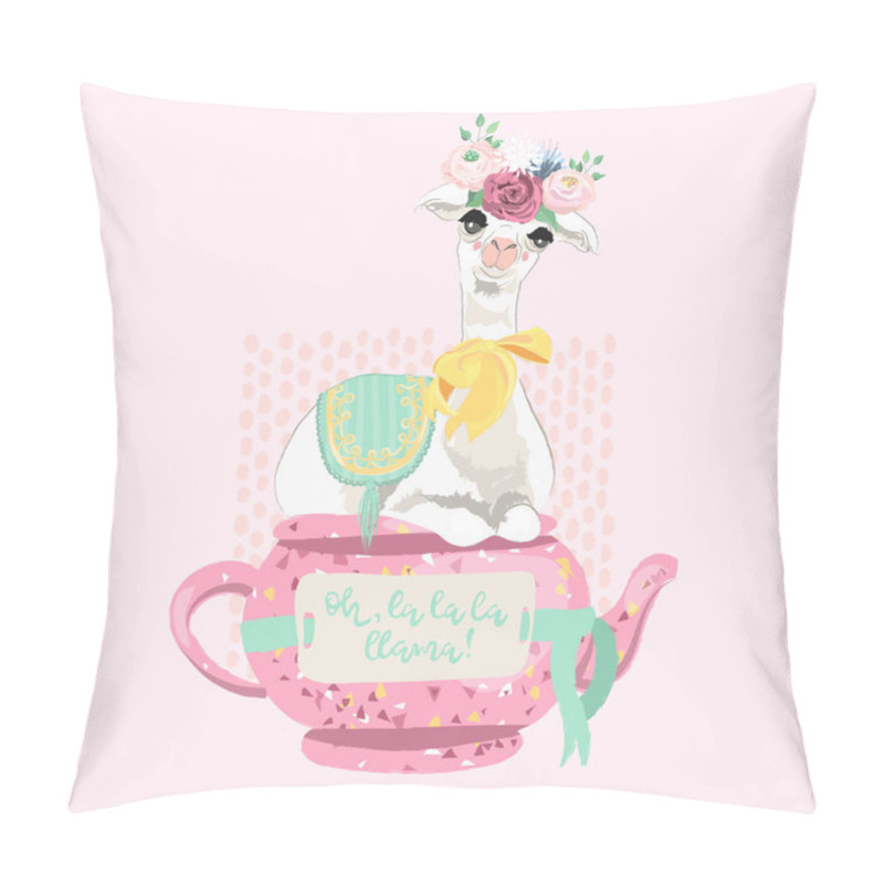 Personality  Beautiful Llama In Floral Crown, Tied Bow With Rug Sitting On Teapot With Text. Pillow Covers