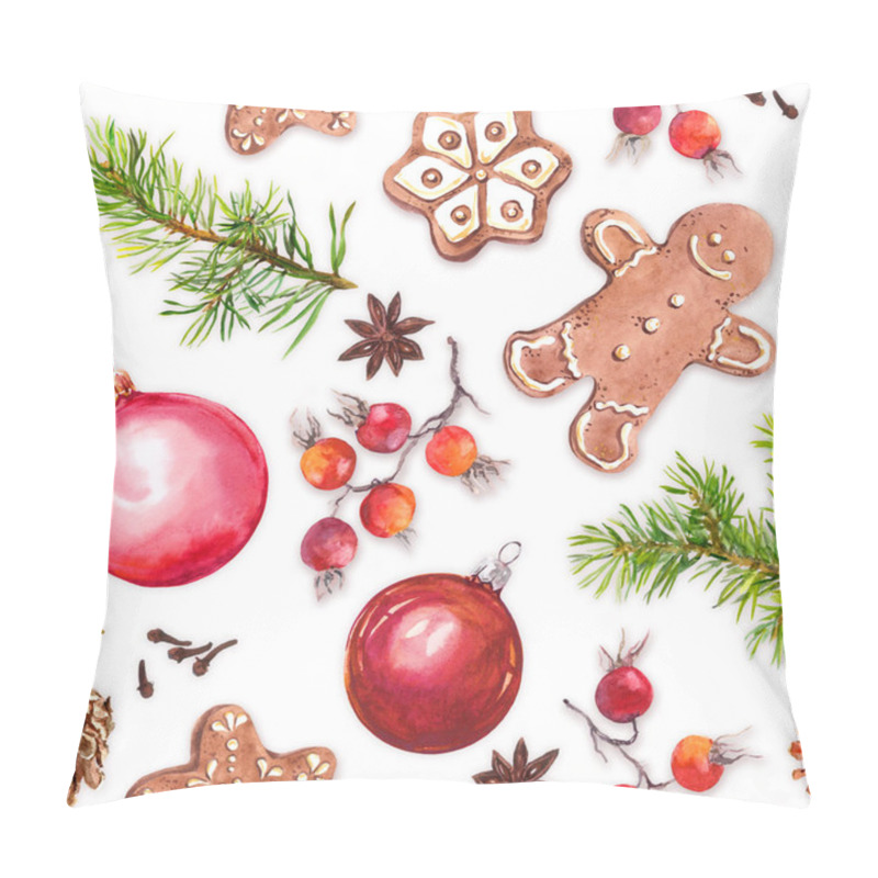 Personality  Christmas Baubles, Ginger Bread Cookies, Christmas Tree Twigs Species. Seamless Pattern. Watercolor Pillow Covers