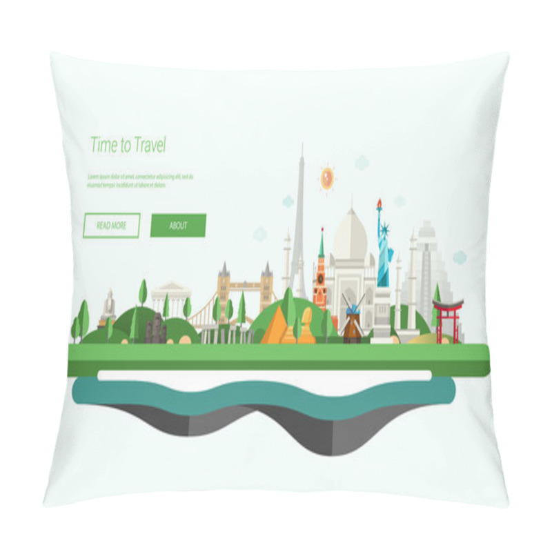 Personality  Flat Design Banner, Header Illustration With World Famous Landmarks Pillow Covers