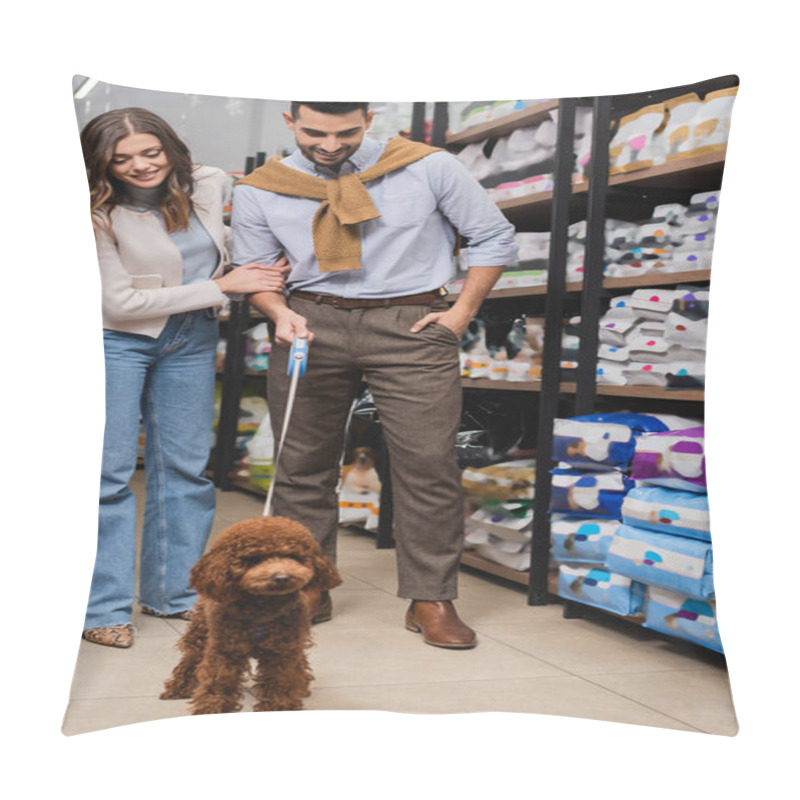 Personality  Smiling Multiethnic Couple Looking At Poodle In Pet Shop  Pillow Covers