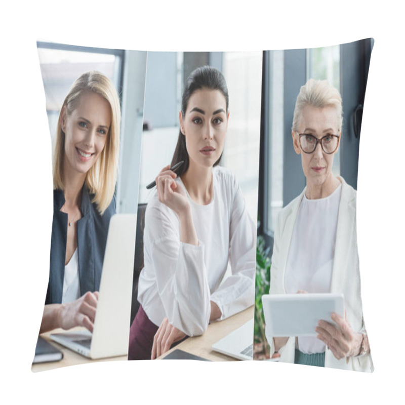 Personality  Collage Of Different Age Businesswomen Using Gadgets At Workplace In Office Pillow Covers