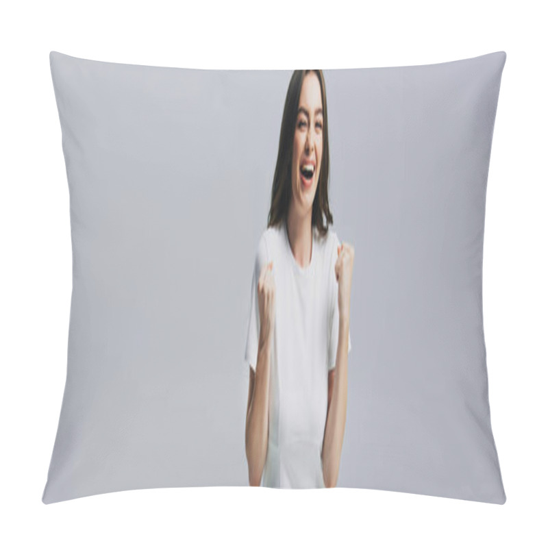 Personality  Shocked Happy Beautiful Girl In White T-shirt Touching Face Isolated On Grey Pillow Covers