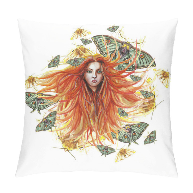 Personality  Watercolor Illustration Of A Print Of A Red-haired Girl With Developing Hair In The Wind With Green Eyes, Expressive Facial Features, Around Her A Lot Of Green Butterflies, Night Moths, Gothic Figure, Mysticism Pillow Covers