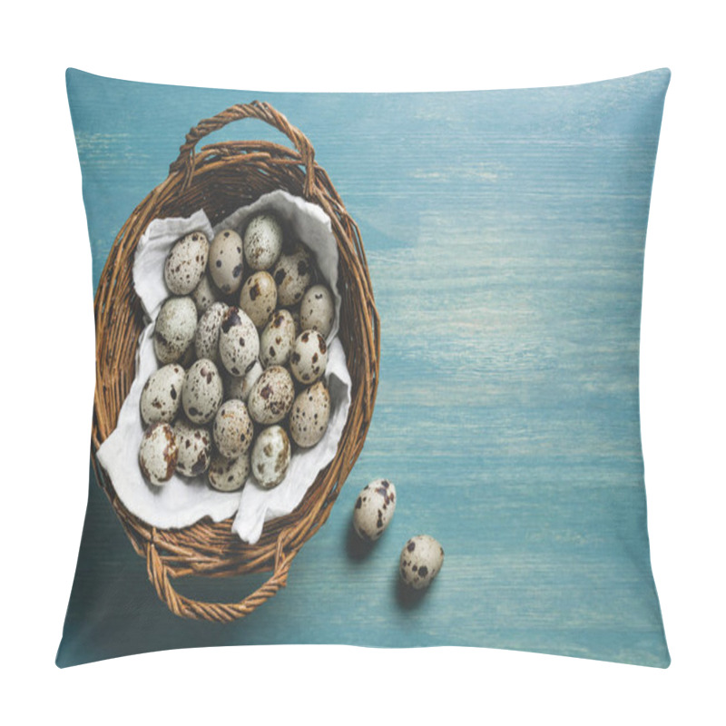 Personality  Top View Of Raw Healthy Quail Eggs In Wicker Basket On Turquoise Wooden Table  Pillow Covers