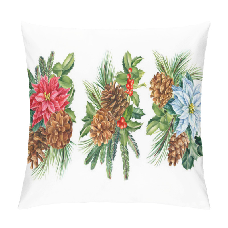 Personality  Floral Arrangements, Composition Of Christmas Star Flowers, Pine Cones, Holly, Spruce Branches, Watercolor Drawing Pillow Covers