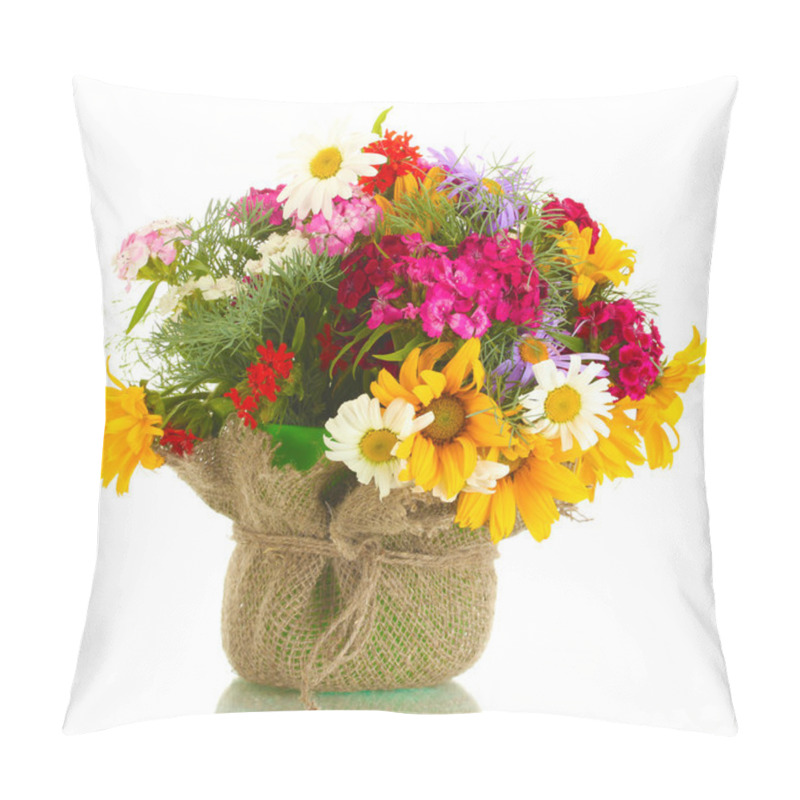 Personality  Beautiful Bouquet Of Bright Wildflowers In Flowerpot, Isolated On White Pillow Covers