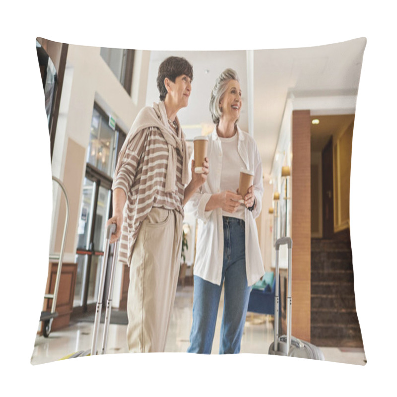 Personality  A Senior Lesbian Couple Stands With Luggage, Ready For Adventure. Pillow Covers