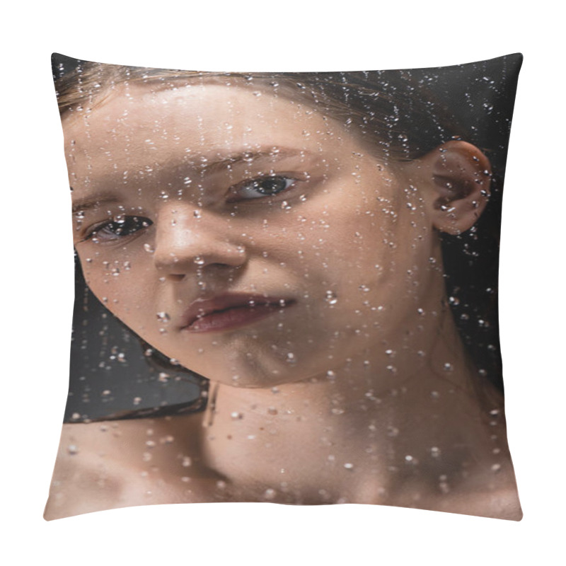 Personality  Portrait Of Young Woman Looking At Camera Through Wet Glass On Grey Background  Pillow Covers