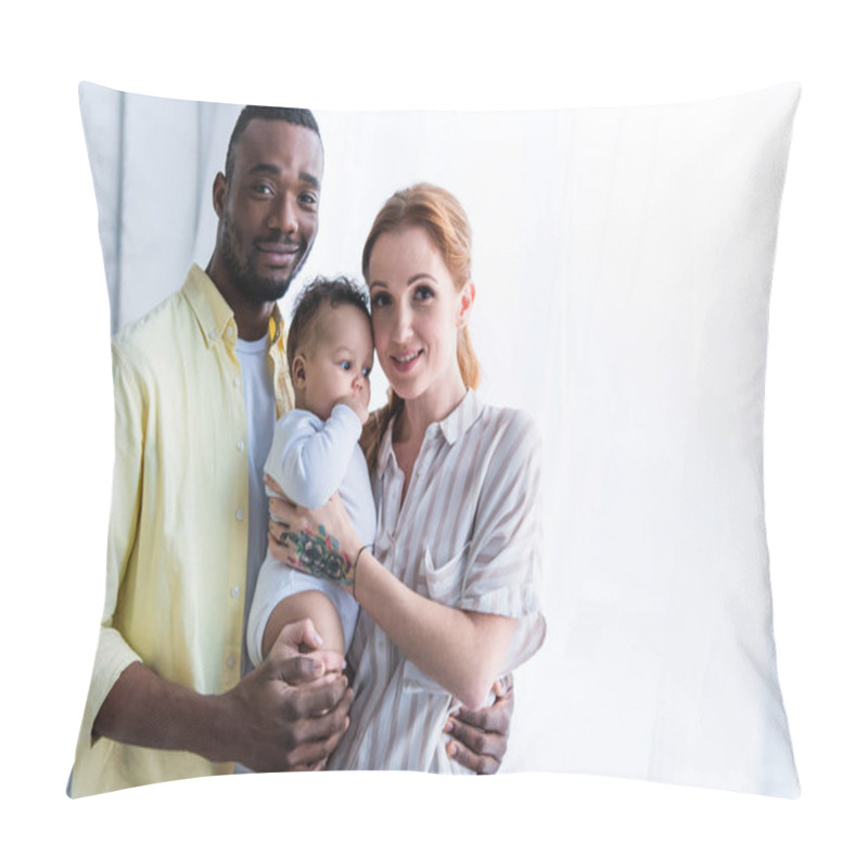 Personality  Joyful African American Man Embracing Wife Holding Infant Kid Pillow Covers