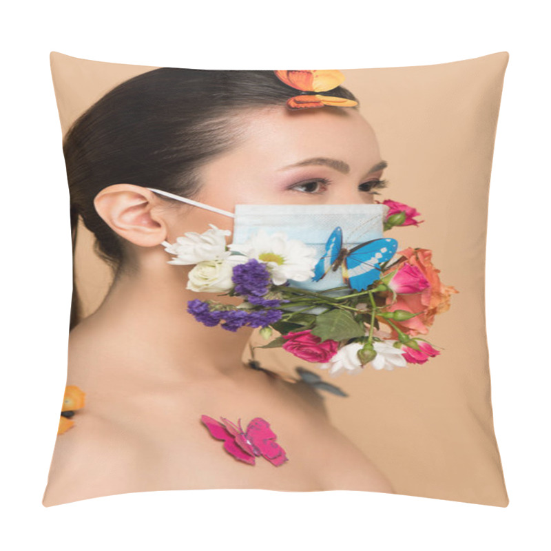 Personality  Attractive Asian Woman In Floral Face Mask With Butterflies Isolated On Beige Pillow Covers