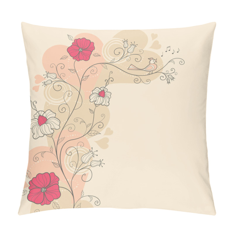 Personality  Spring Design With Flowers And A Singing Bird, Vector Pillow Covers