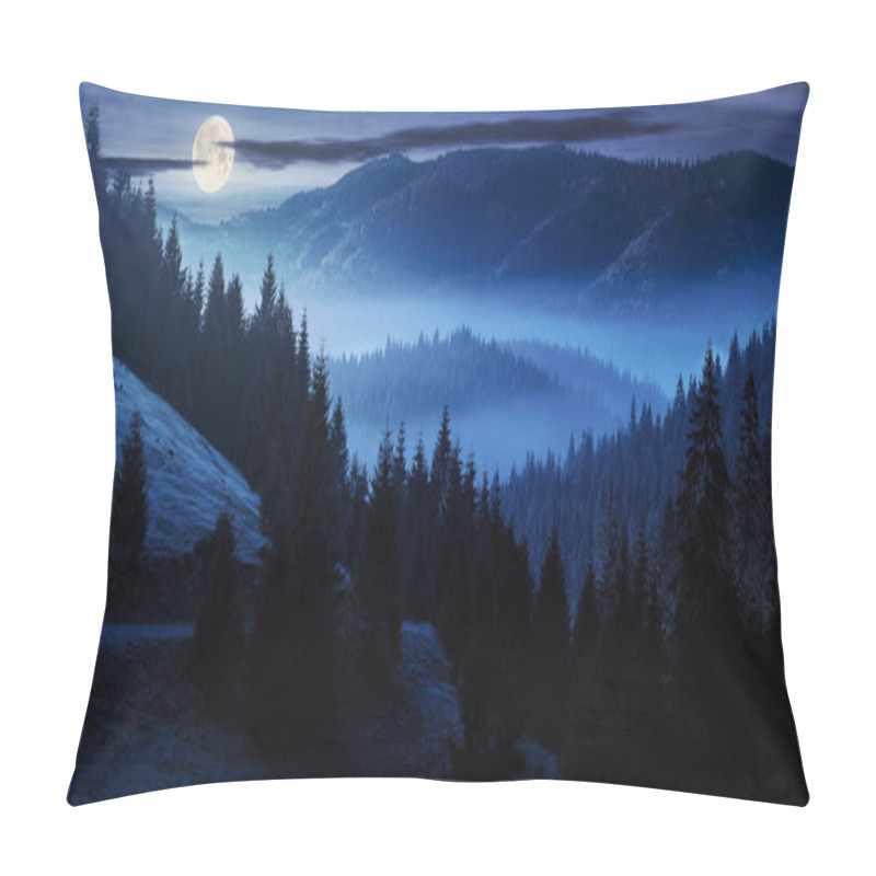 Personality  Ocean Of Fog In Forested Valley At Night In Full Moon Light. Gorgeous Panoramic Landscape In Autumn Mountains. Spruce Trees Lit By Rising Sun Pillow Covers