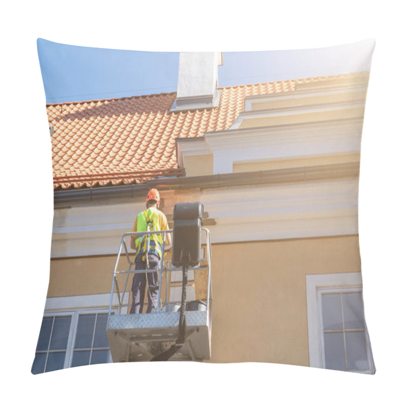 Personality  Worker Repairs The Facade Of The Building. Security Cart Pillow Covers