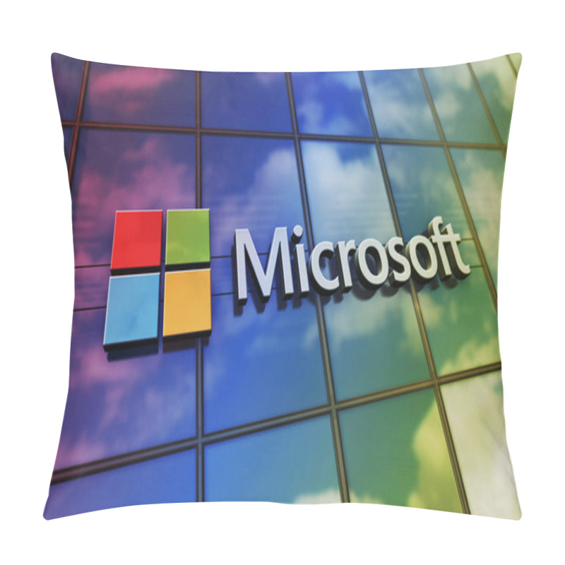 Personality  Redmond, USA, April 30, 2023: Microsoft Corporation Headquarters Glass Building Concept. Software Products And Operating Systems Producer Company Symbol On Front Facade 3d Illustration. Pillow Covers