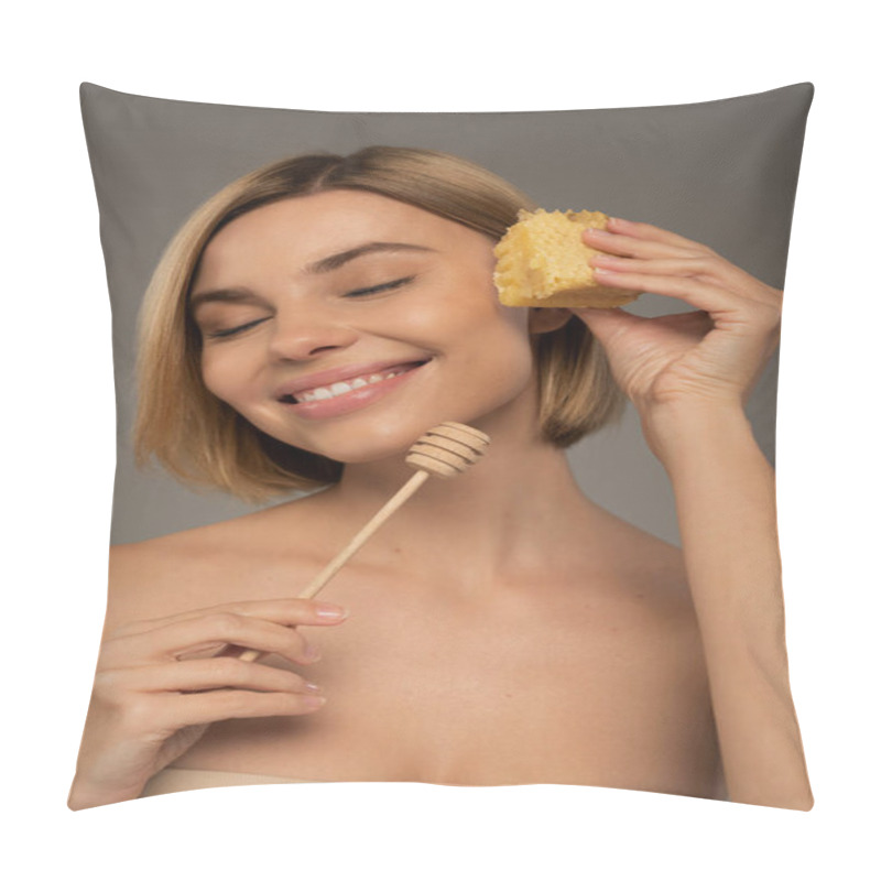 Personality  Smiling Woman With Closed Eyes Holding Sweet Honeycomb And Wooden Dipper Isolated On Grey Pillow Covers