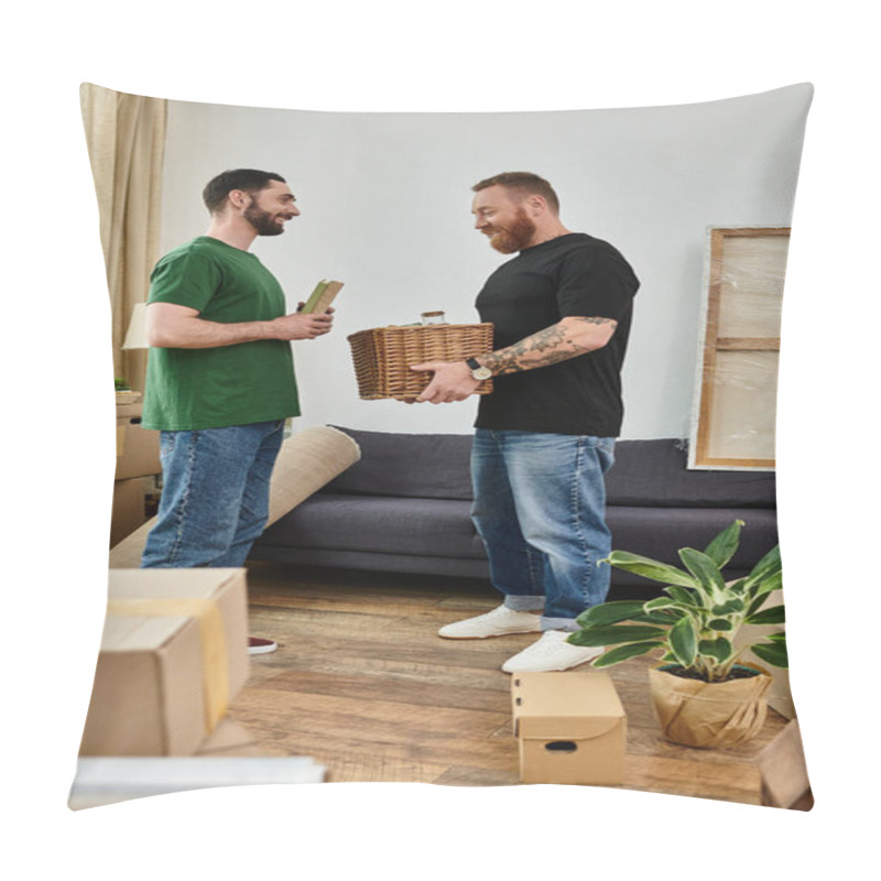 Personality  A Gay Couple Exploring Their New Living Room Surrounded By Packed Boxes, Beginning A New Chapter Together. Pillow Covers