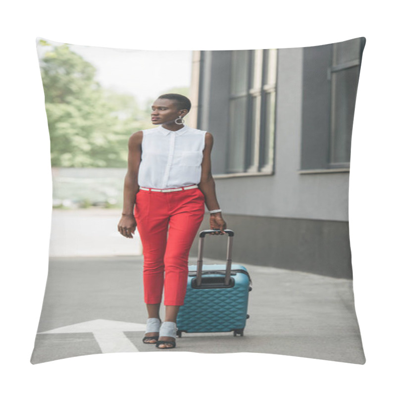 Personality  Fashionable Attractive African American Businesswoman Walking With Travel Bag On Street Pillow Covers