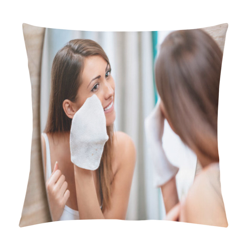 Personality  Smiling Young Woman Removing Make Up In Front Of Mirror In Bathroom Pillow Covers