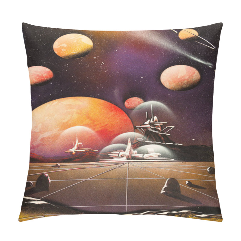 Personality  Alien Planet With Runway And Exoplanets In The Sky With Stardust. Pillow Covers