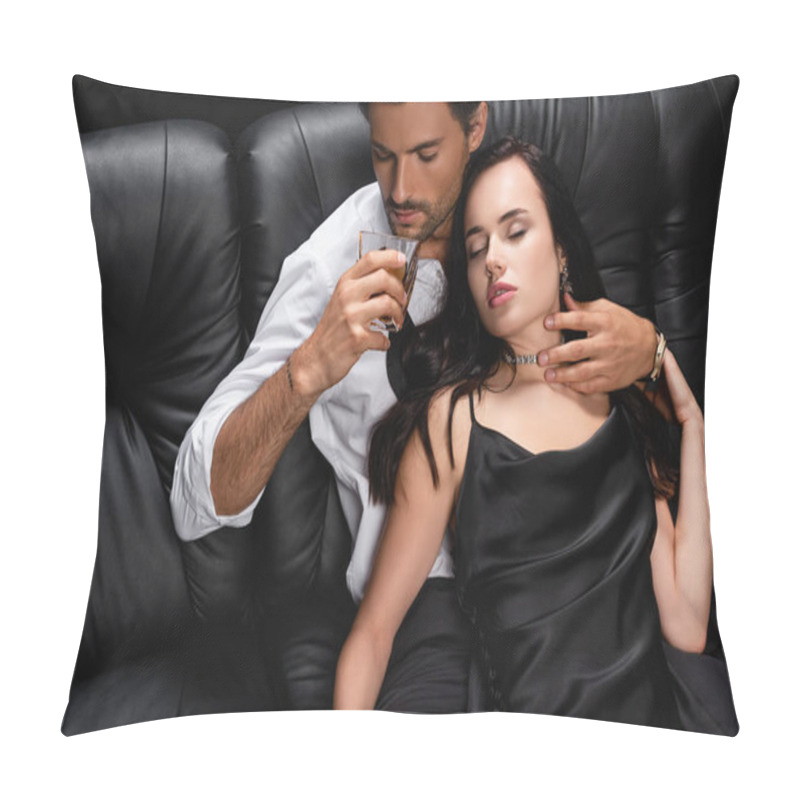 Personality  Man Drinking Whiskey And Hugging Neck Of Seductive Woman In Satin Dress On Leather Couch Isolated On Black Pillow Covers