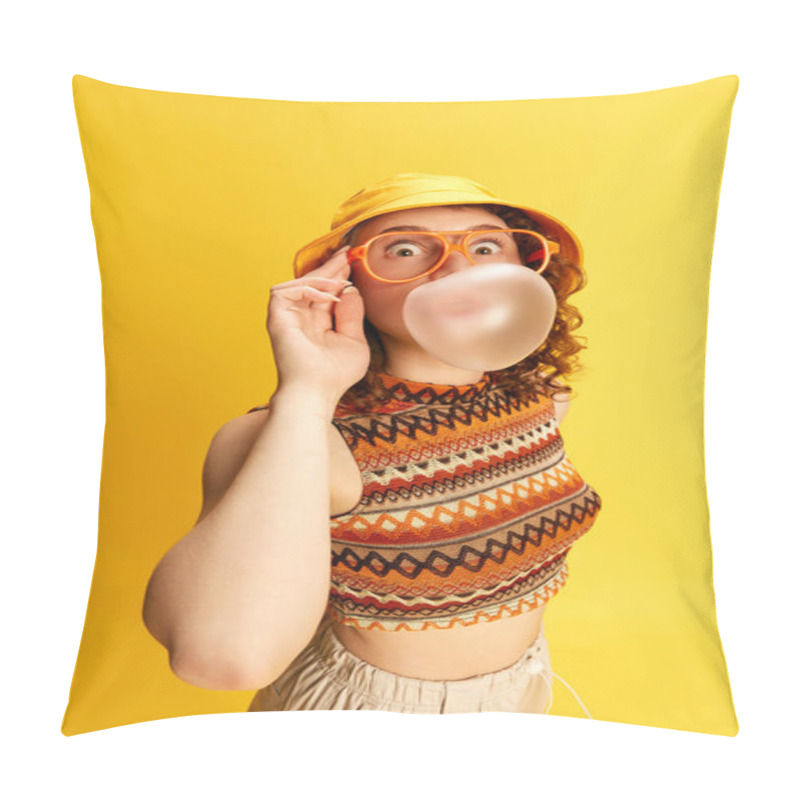 Personality  Portrait Of Funny, Emotive Young Girl In Panama And Glasses, Blowing Bubble Gum Against Yellow Studio Background. Concept Of Human Emotions, Youth Culture, Fashion, Lifestyle, Leisure Time Pillow Covers