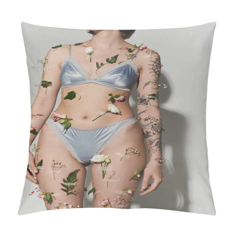 Personality  Elegant Woman With Plants On Her Body Wearing Underwear. Pillow Covers