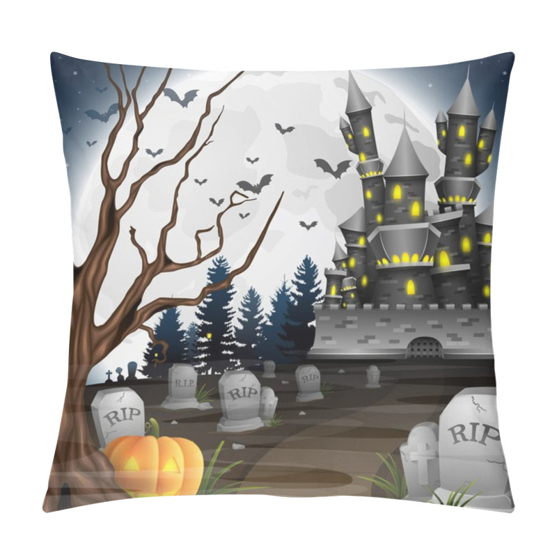 Personality  Halloween Background With Castle And Pumpkin In Graveyard Pillow Covers