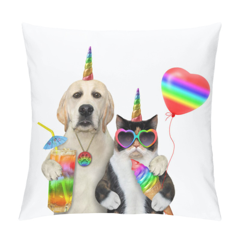 Personality  A Dog Unicorn With A Glass Of Juice Hugs A Cat Unicorn With A Cone Of Ice Cream. White Background. Isolated. Pillow Covers