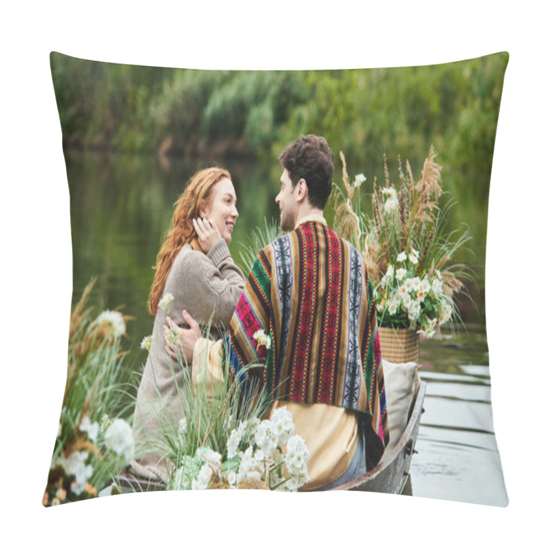 Personality  A Couple In Boho Clothing Navigate A Boat Filled With Vibrant Flowers In A Serene Green Park Setting. Pillow Covers