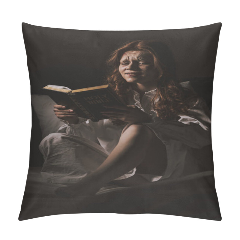 Personality  Demonic Crying Woman In Nightgown Reading Holy Bible On Bed Pillow Covers