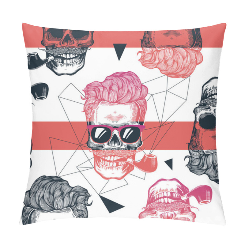 Personality  Kitschy Seamless Pattern, Human Skulls With Hipster Hairstyle, Stylish Sunglasses, Mustache And Tobacco Pipe Against Geometric Outline And Horizontal Red Stripes On Background. Vector Illustration. Pillow Covers