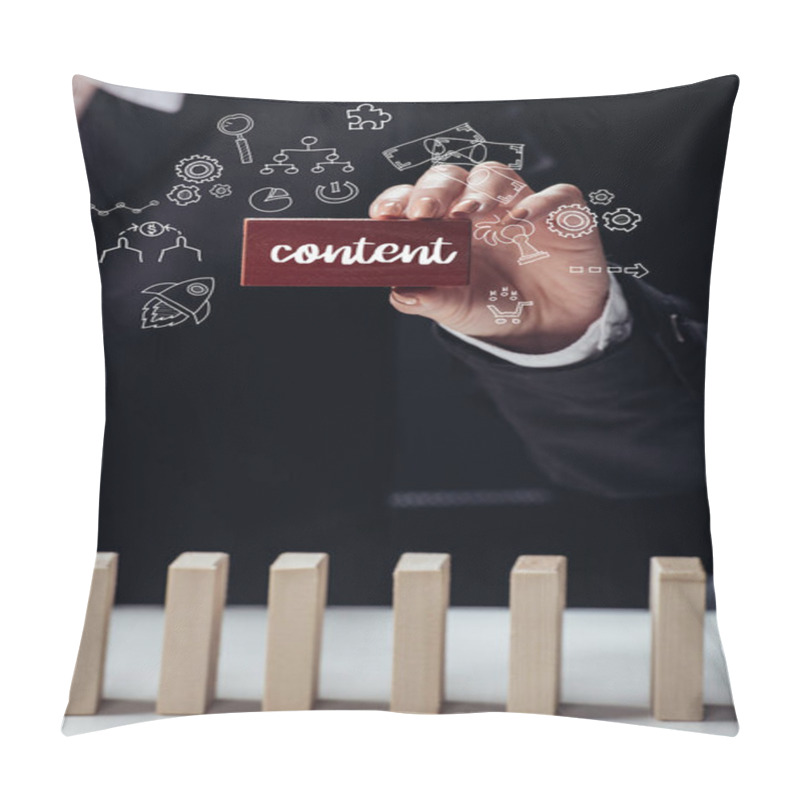 Personality  Cropped View Of Woman Holding Red Wooden Brick With Word 'content' Isolated On Black, Icons On Foreground Pillow Covers