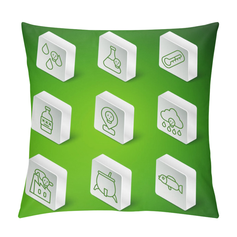 Personality  Set Line Puffer Fish, Witch Cauldron, Acid Rain, Radioactive Location, Poisoned Alcohol, Beaker With Toxic Liquid, Smoke From Factory And  Icon. Vector Pillow Covers