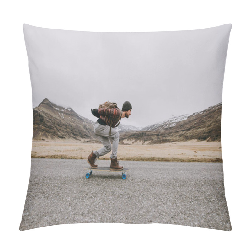 Personality  Skater Traveling Iceland On His Longboard Pillow Covers