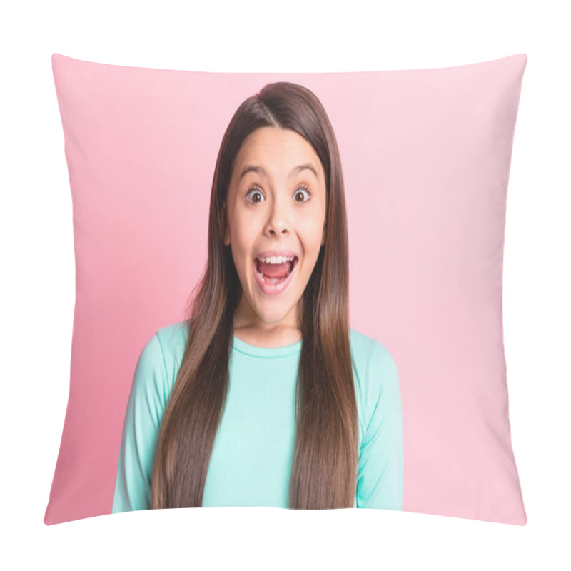 Personality  Photo Of Sweet Lovely Small Lady Long Hairdo Open Mouth Excited Look Surprised Scream Yell Shout Wear Casual Stylish Trendy Turquoise Teal Sweatshirt Isolated Pink Color Background Pillow Covers