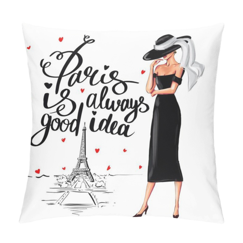 Personality  Stylish Woman In Little Black Dress And Hat In Paris. Illustration  Pillow Covers