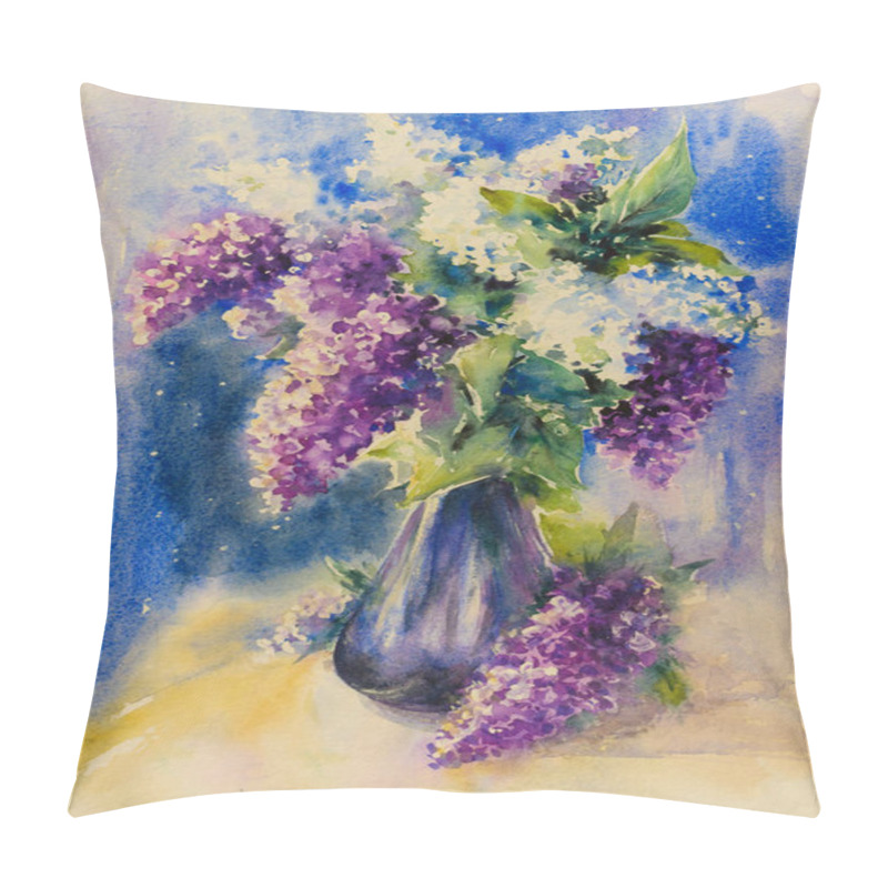 Personality  Bouquet Of White And Violet Lilacs In Vase On A Table. Picture Created With Watercolors. Pillow Covers