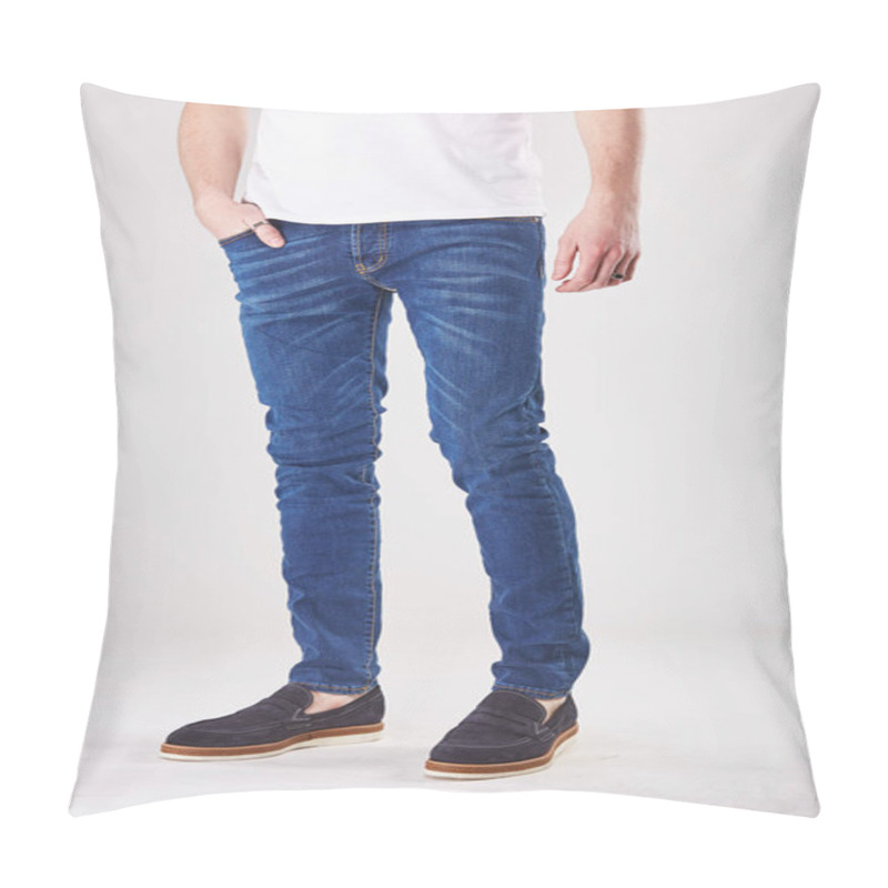 Personality  Man Is Posing In Light Studio In Trendy Blue Pants And Black Shoes Pillow Covers