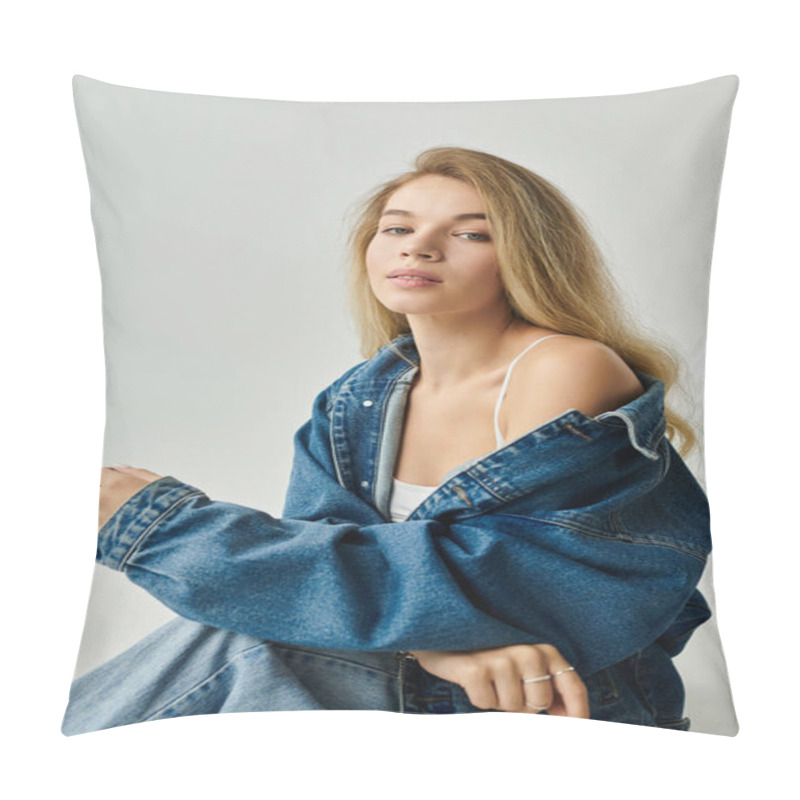 Personality  A Confident Young Woman Exudes Casual Elegance In Her Denim Jacket. Pillow Covers